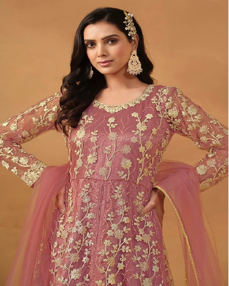 Timeless Beauty Embroidered Net Pant Style Anarkali Suit - Image 5