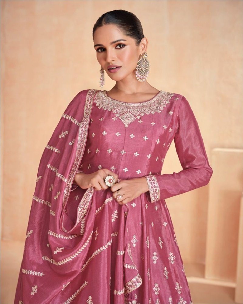 Premium Chinnon Silk Embroidered Palazzo Suit with Dupatta - Image 2