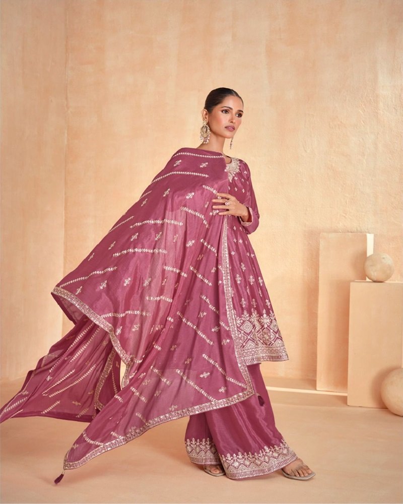 Premium Chinnon Silk Embroidered Palazzo Suit with Dupatta - Image 3