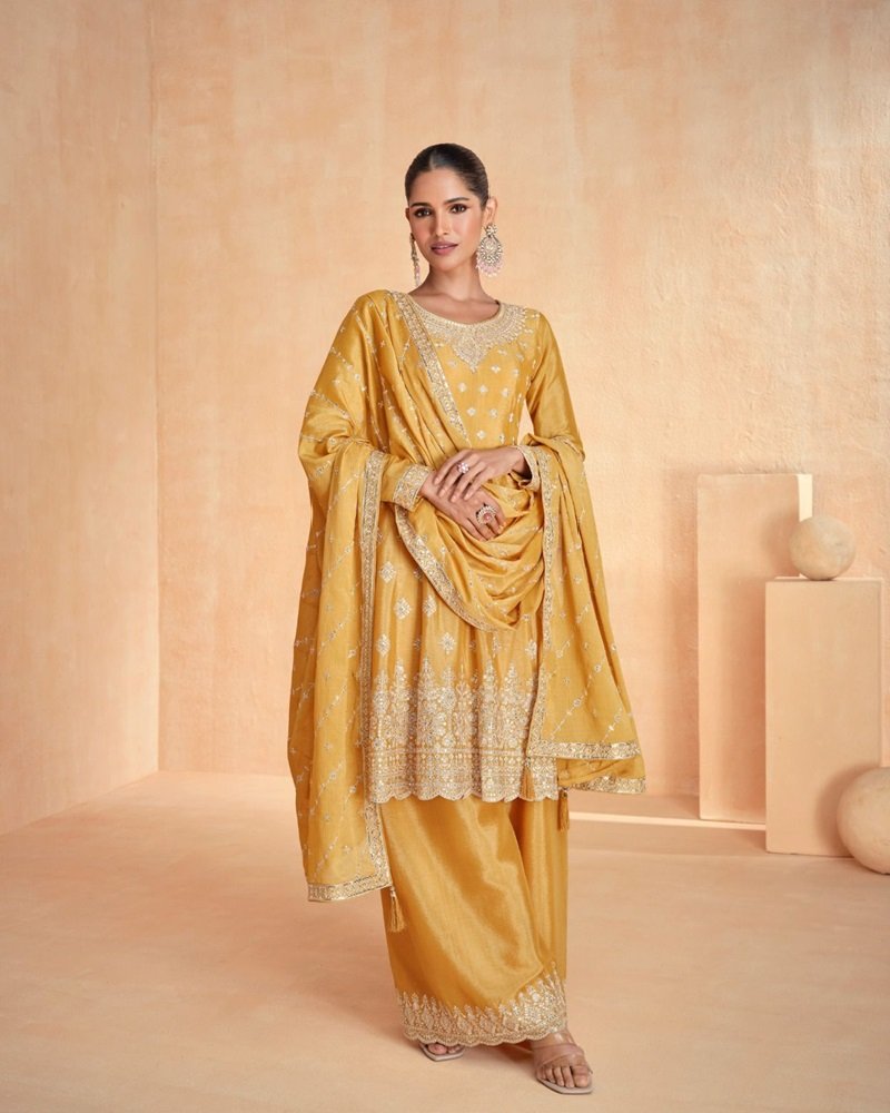 Premium Chinnon Silk Embroidered Palazzo Suit with Dupatta - Image 4