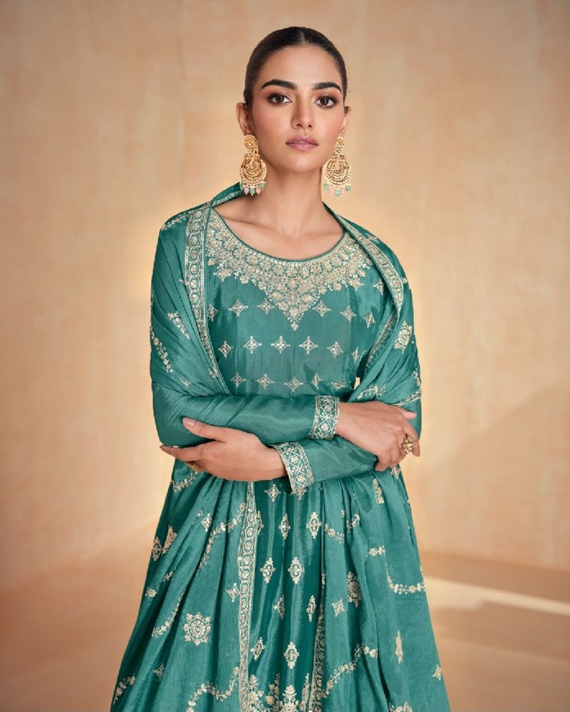 Premium Chinnon Silk Embroidered Palazzo Suit with Dupatta - Image 6