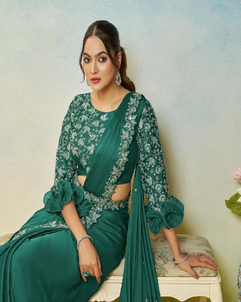 Teal Green Ready-to-Wear Saree with Pearl & Stone Embroidery - Image 2