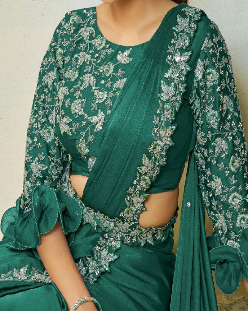 Teal Green Ready-to-Wear Saree with Pearl & Stone Embroidery - Image 4