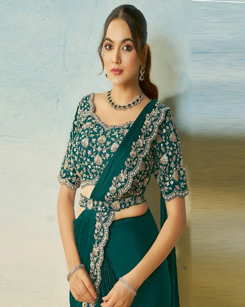 Emerald Teal Ready-to-Wear Saree with Mirror & Stone Embroidery - Image 5