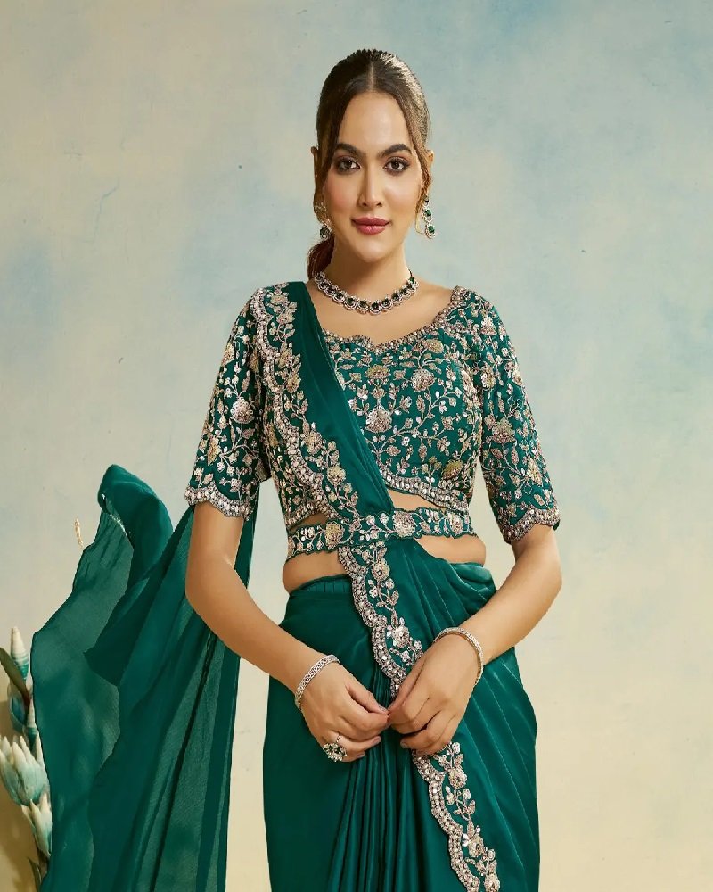 Emerald Teal Ready-to-Wear Saree with Mirror & Stone Embroidery - Image 4