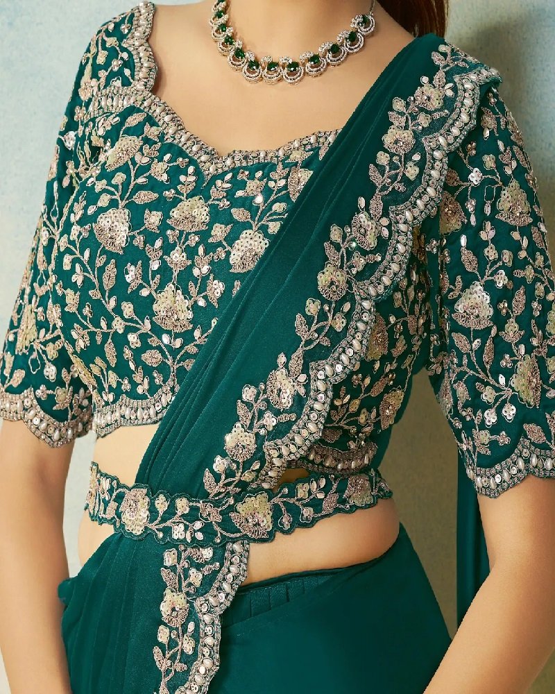 Emerald Teal Ready-to-Wear Saree with Mirror & Stone Embroidery - Image 3