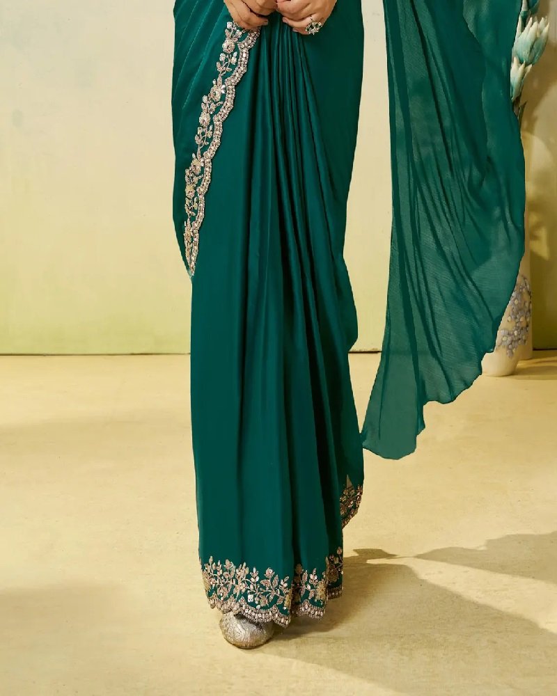 Emerald Teal Ready-to-Wear Saree with Mirror & Stone Embroidery - Image 2