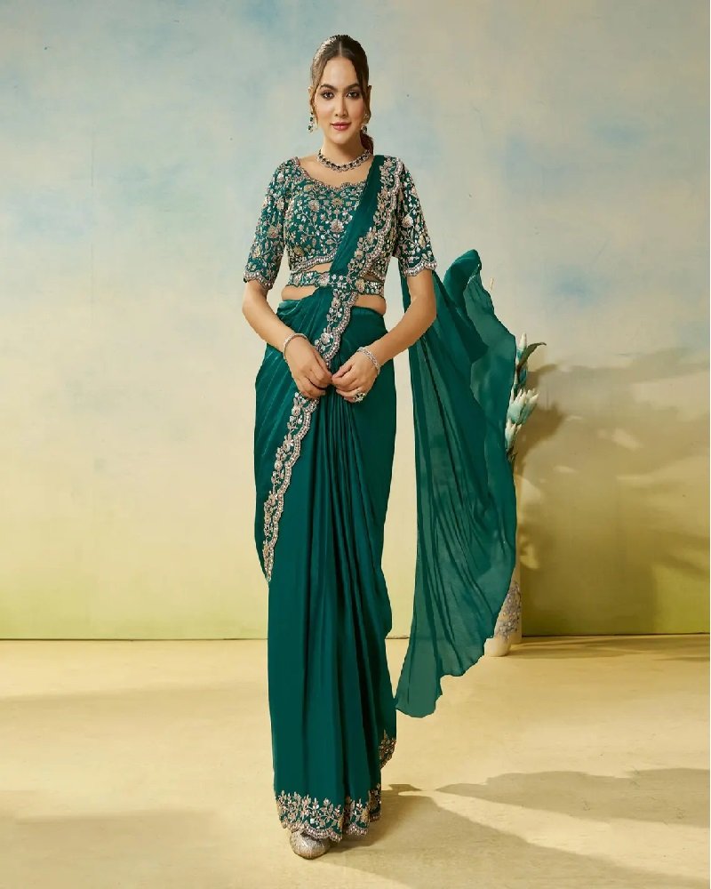 Emerald Teal Ready-to-Wear Saree with Mirror & Stone Embroidery
