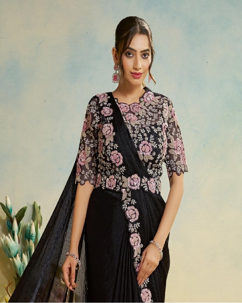 Elegant Black Ready-to-Wear Saree with Floral Embroidery - Image 4