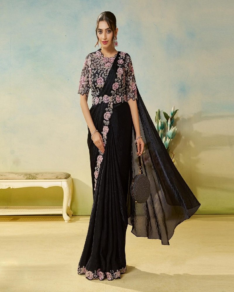Elegant Black Ready-to-Wear Saree with Floral Embroidery