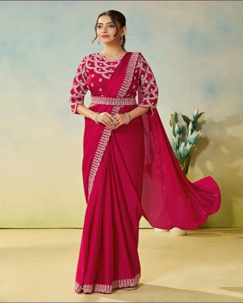 Rani Pink Ready-to-Wear Saree with Multi-Stone Embroidery