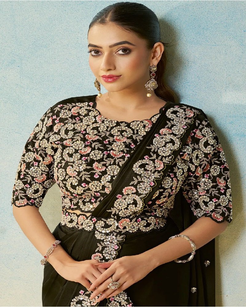 Elegant Black Ready-to-Wear Saree with Pearl Stone Embroidery - Image 2
