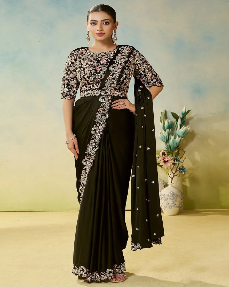 Elegant Black Ready-to-Wear Saree with Pearl Stone Embroidery