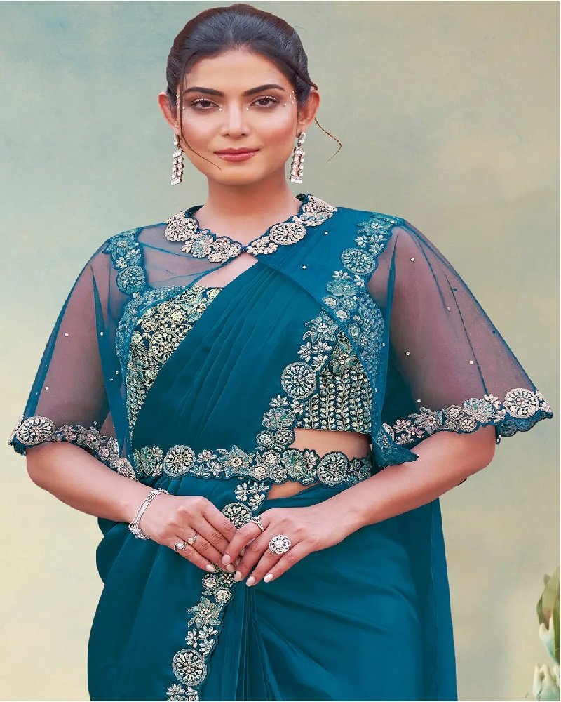 Teal Blue Ready-to-Wear Saree with Handcrafted Embellishments - Image 6