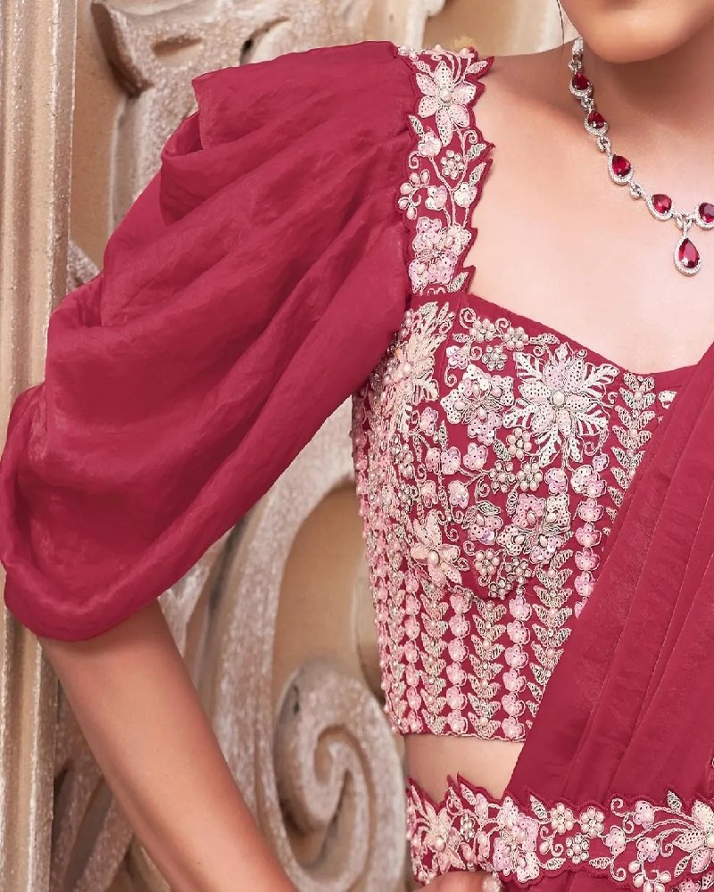 Rani Pink Ready-to-Wear Saree with Handwork Embroidery - Image 4