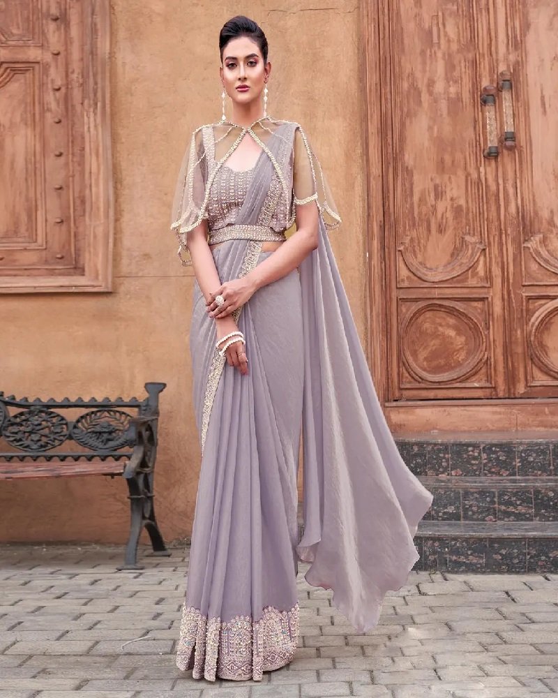 Designer Ready-to-Wear Saree with Pearl Work & Elegant Poncho - Image 8