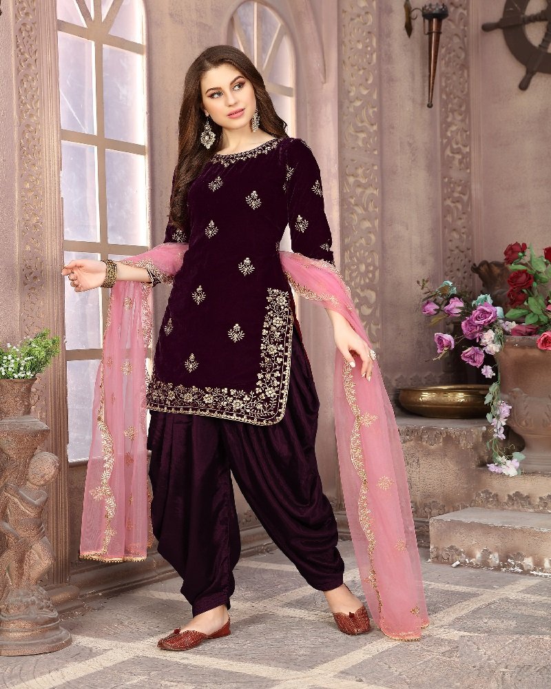 Elegant Velvet Embroidered Semi Patiala Salwar Kameez - Image 8