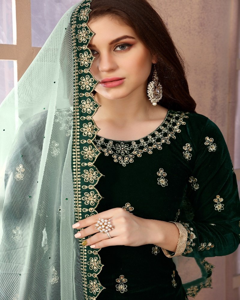 Elegant Velvet Embroidered Semi Patiala Salwar Kameez - Image 2