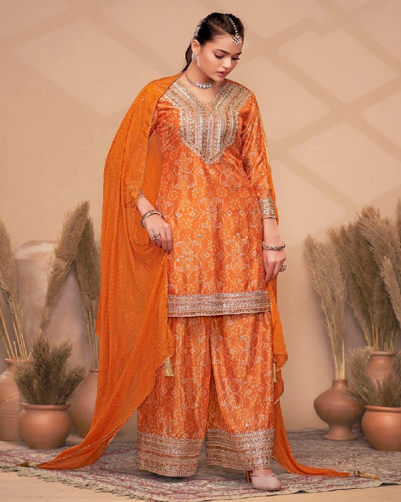 Designer Premium Chinon Embroidered Palazzo Suit - Image 6