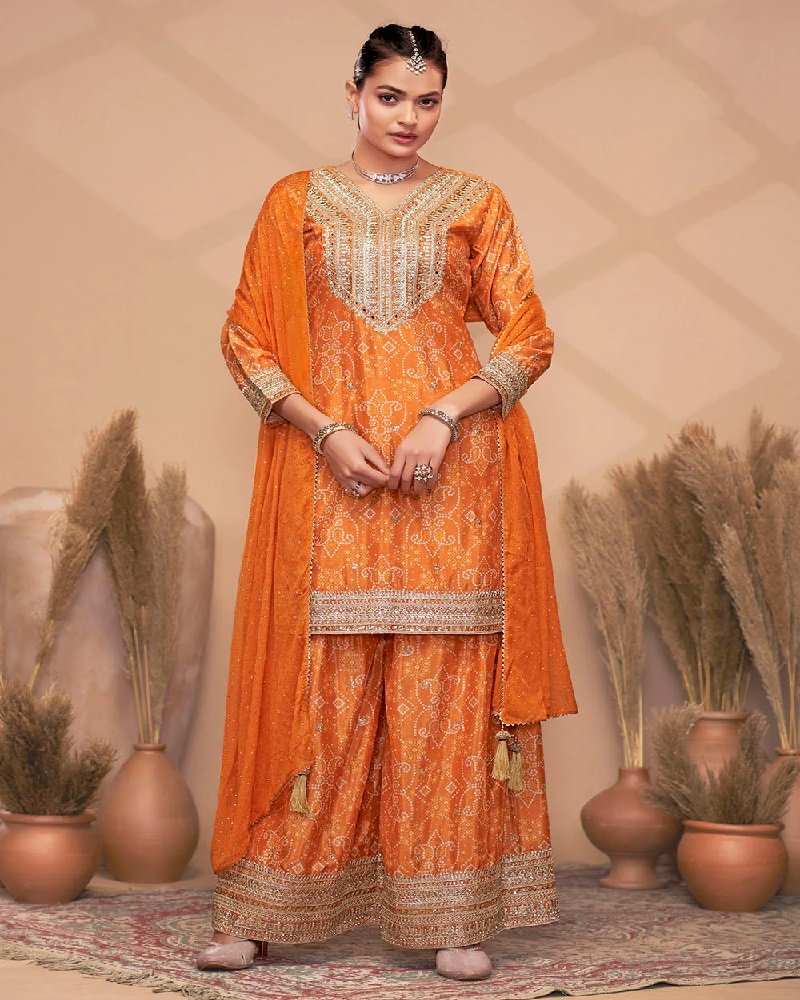 Designer Premium Chinon Embroidered Palazzo Suit - Image 5