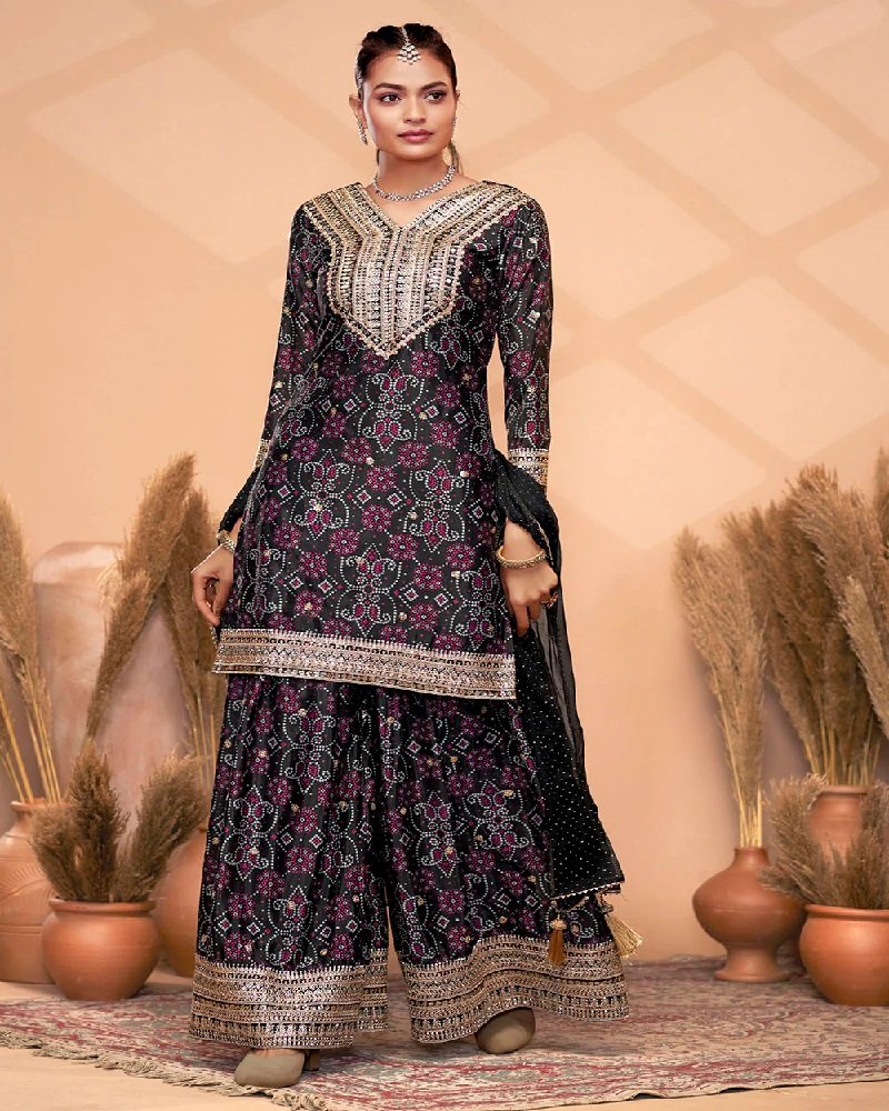 Designer Premium Chinon Embroidered Palazzo Suit - Image 3
