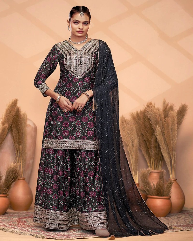 Designer Premium Chinon Embroidered Palazzo Suit
