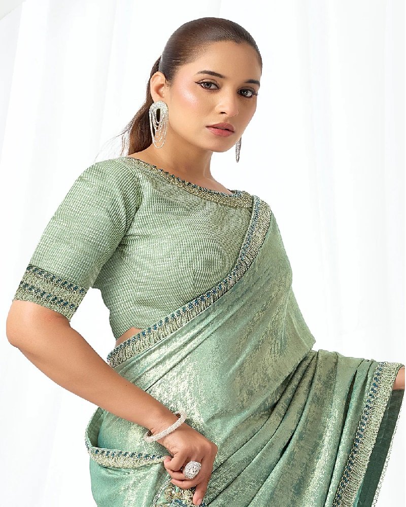Mint Green Embroidered Wedding Party Wear Saree - Image 5