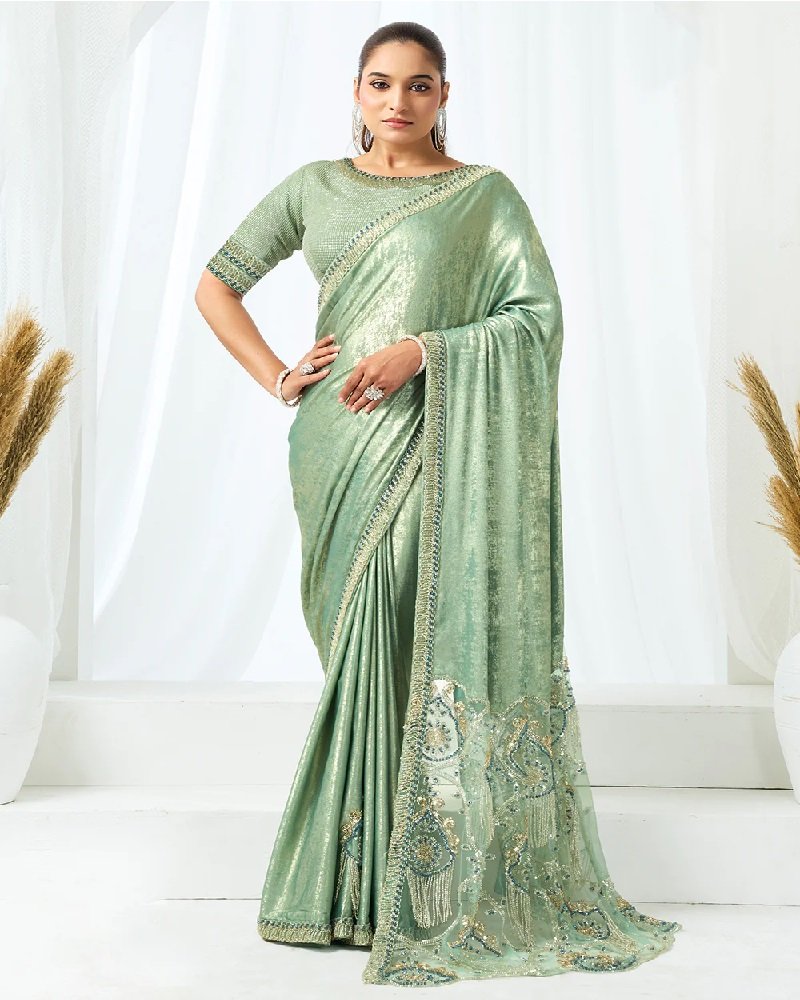 Mint Green Embroidered Wedding Party Wear Saree