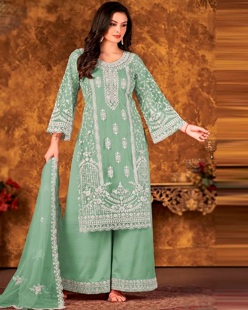 Chic Embroidered Net Palazzo Suit with Dupatta - Image 8