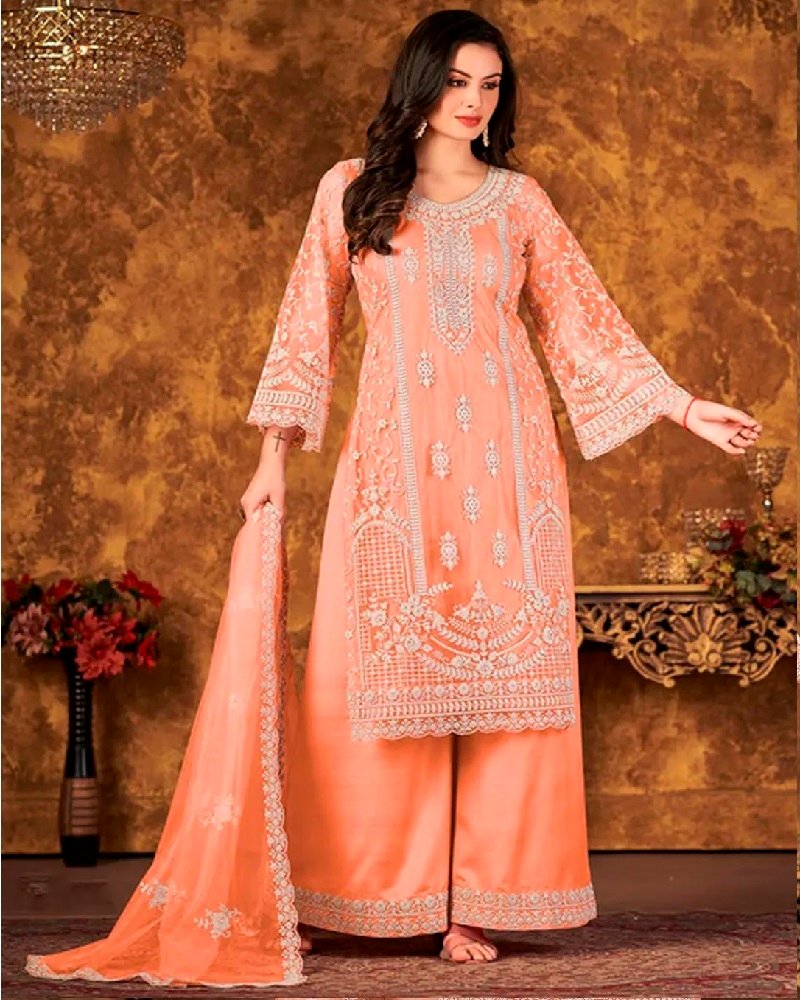 Chic Embroidered Net Palazzo Suit with Dupatta - Image 5