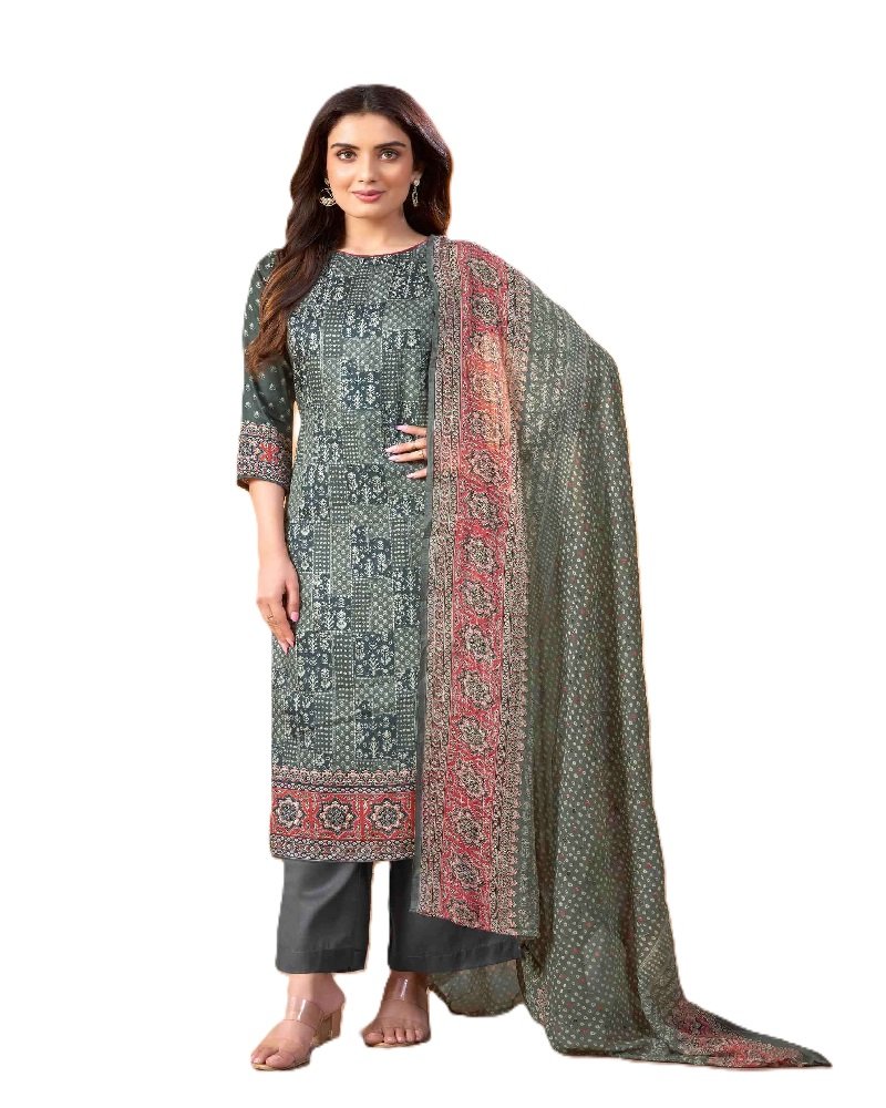 Designer Digital Print Cotton Suit Set with Chiffon Dupatta