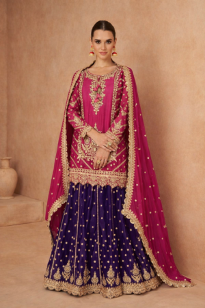 Stunning Fuchsia Premium Chinon Silk Embroidered Lehenga Set