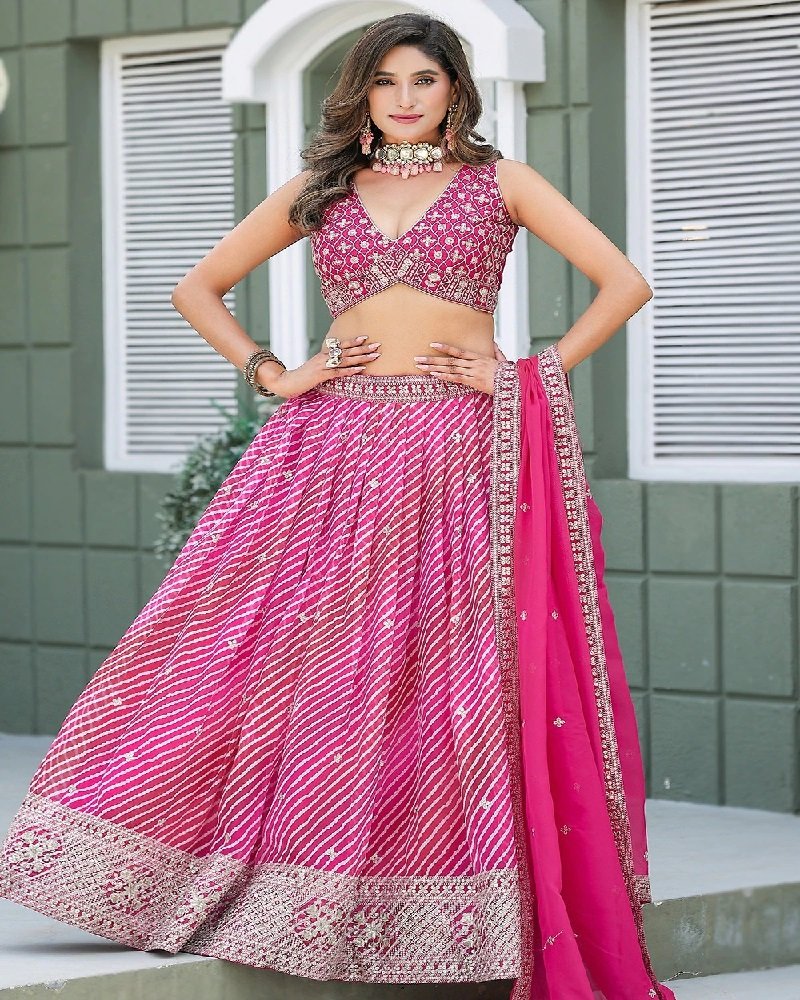 Elegant Leheriya Printed Tabby Silk Festive Lehenga Choli