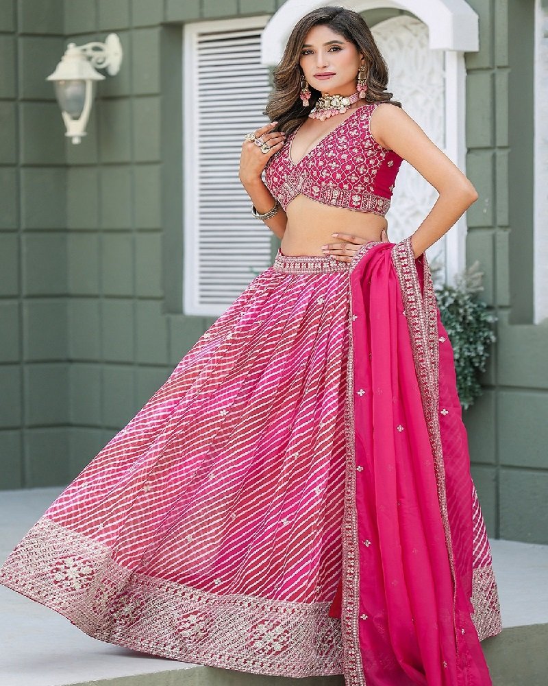 Elegant Leheriya Printed Tabby Silk Festive Lehenga Choli - Image 4
