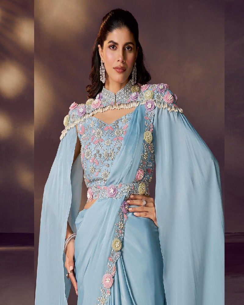 Designer Pre-Draped Party Saree with Floral Embellishments - Image 11