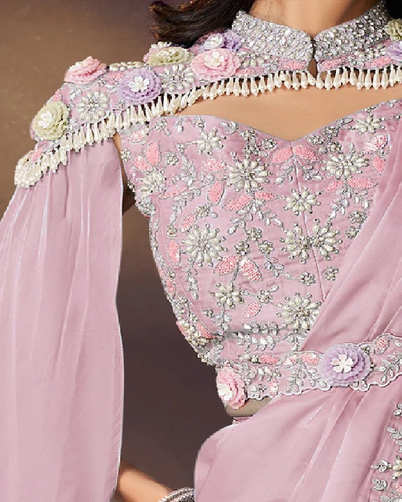 Designer Pre-Draped Party Saree with Floral Embellishments - Image 5