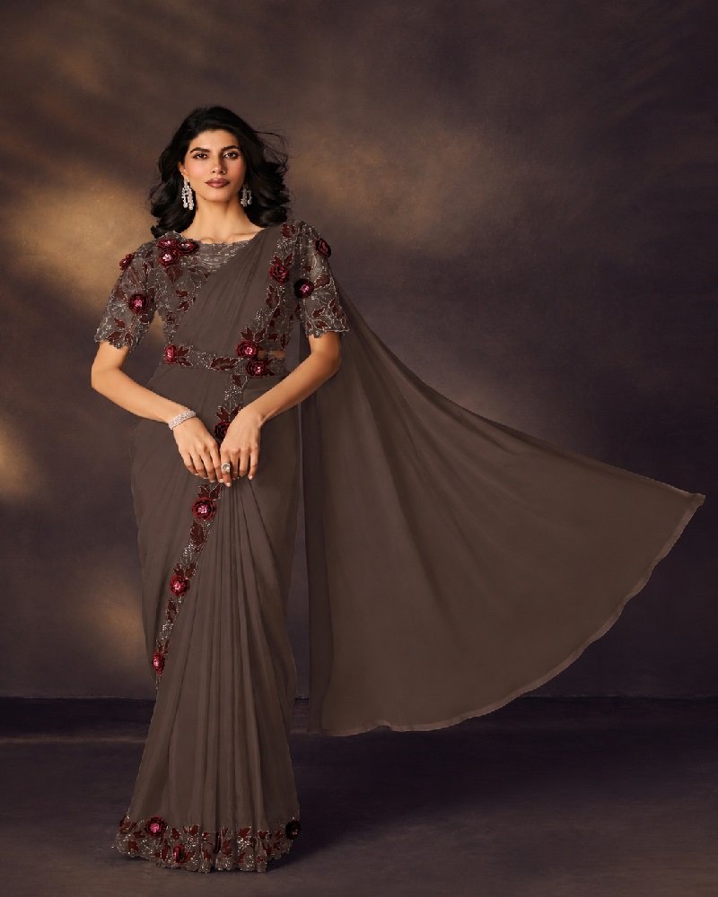 Premium Party Wear Saree with Floral Applique Embellishments - Image 5