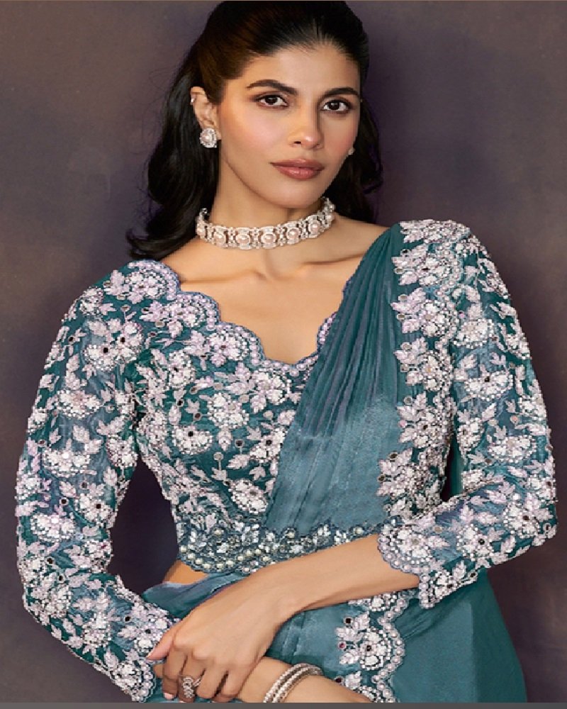 Premium Dusty Teal Blue Party Saree with Shimmering Sequins Work - Image 2