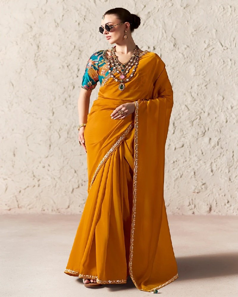 Mustard Yellow Fancy Tissue Organza Party Wear Saree