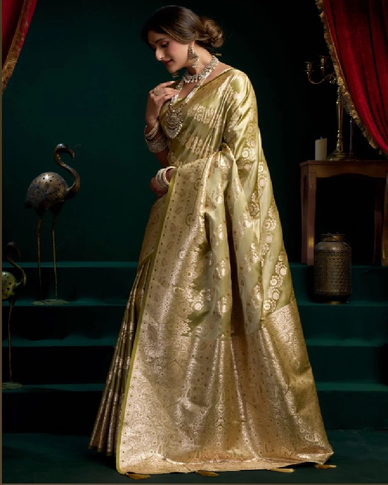 Olive Gold Premium Satin Silk Fancy Saree - Image 3