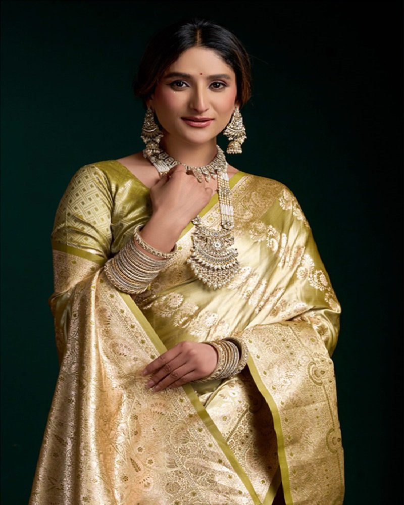 Olive Gold Premium Satin Silk Fancy Saree - Image 4