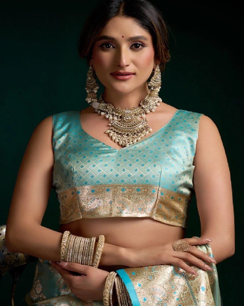 Aqua Blue Premium Satin Silk Fancy Saree - Image 5