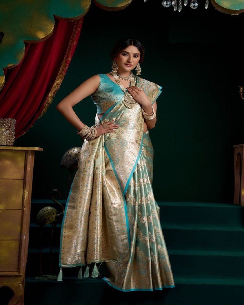 Aqua Blue Premium Satin Silk Fancy Saree - Image 3