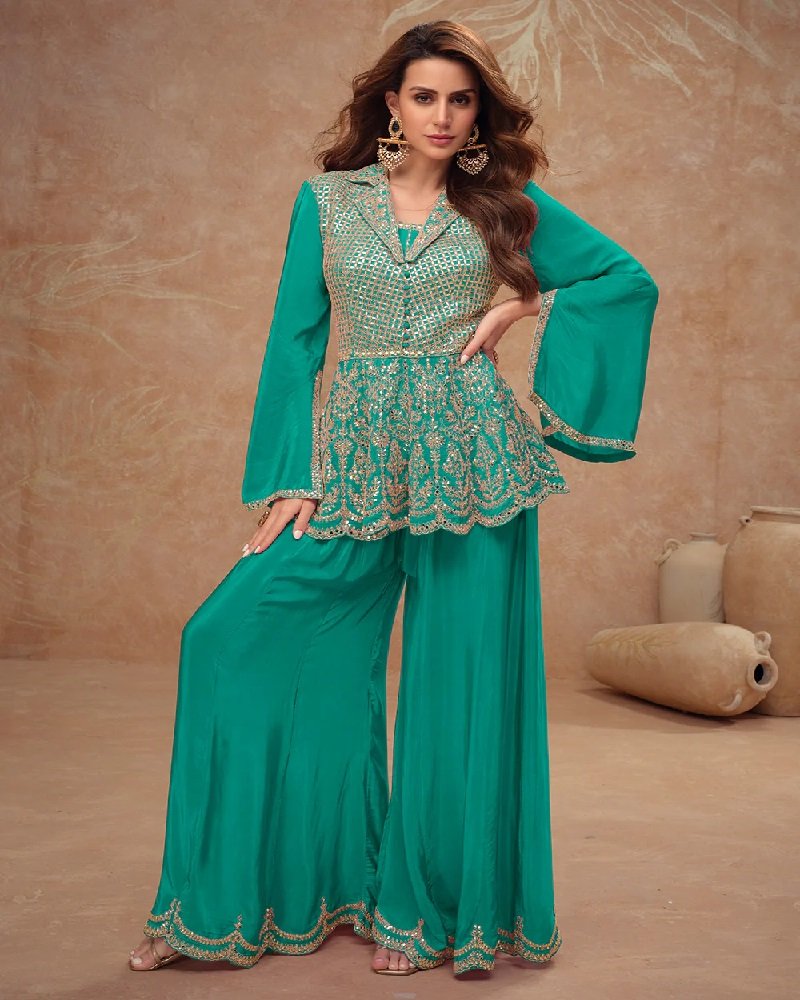 Luxury Chinon Silk Peplum Embroidered Indo-Western Palazzo Suit - Image 7