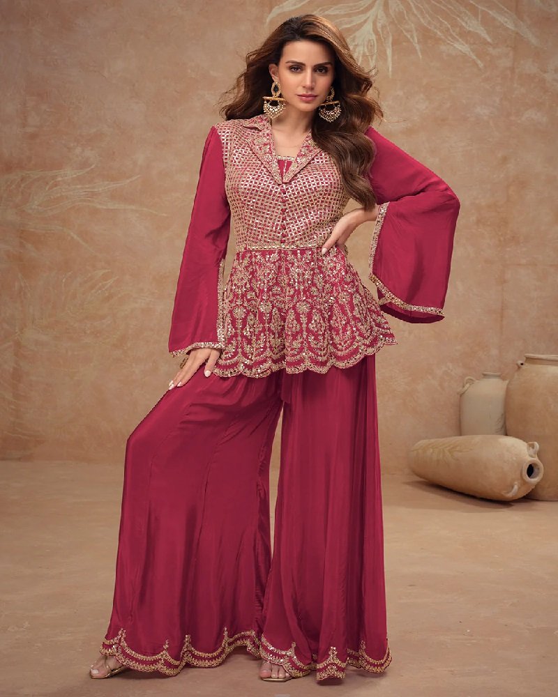 Luxury Chinon Silk Peplum Embroidered Indo-Western Palazzo Suit - Image 9