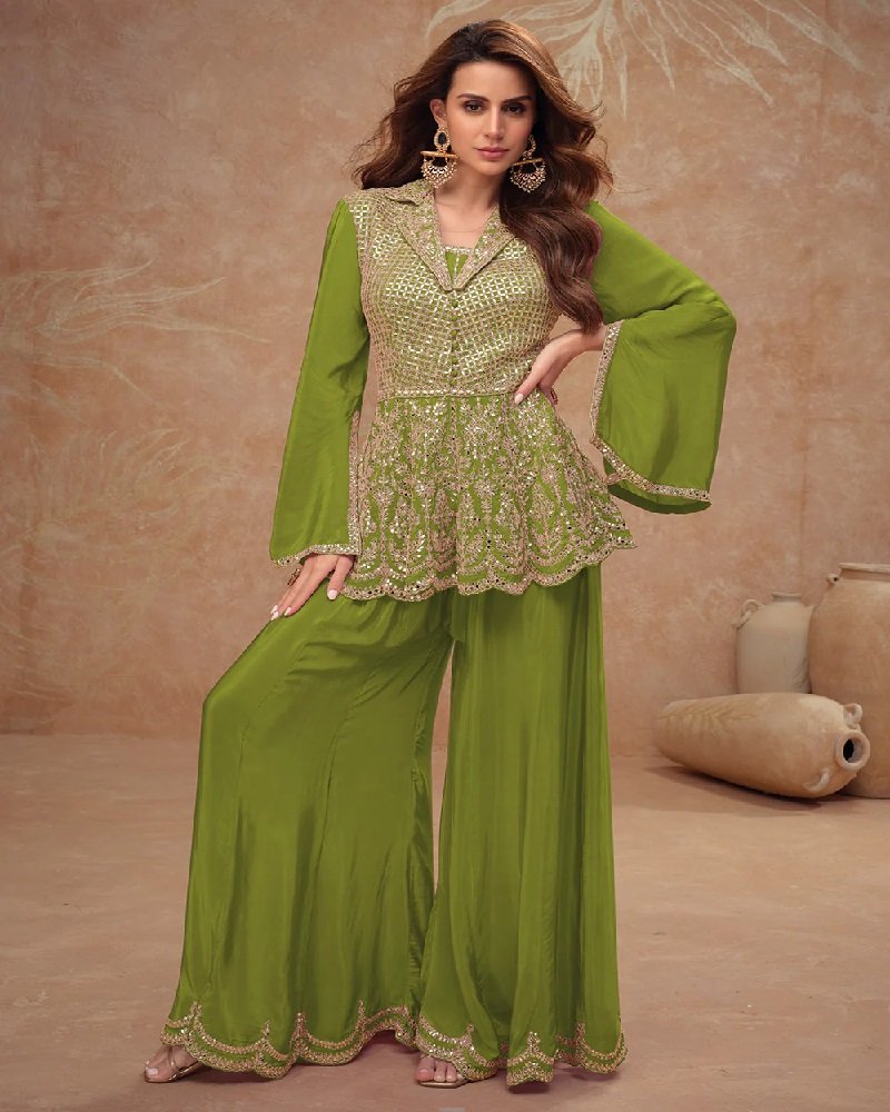 Luxury Chinon Silk Peplum Embroidered Indo-Western Palazzo Suit - Image 3