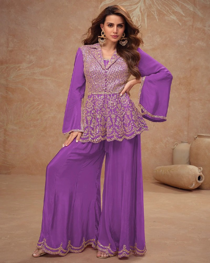 Luxury Chinon Silk Peplum Embroidered Indo-Western Palazzo Suit - Image 5