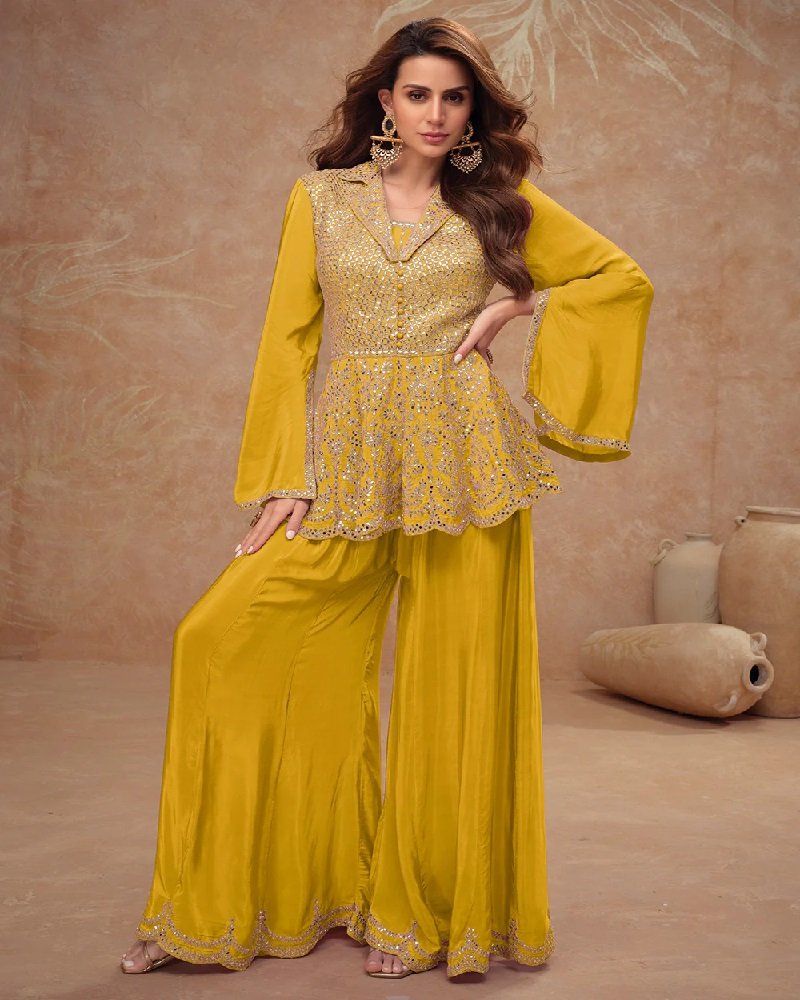 Luxury Chinon Silk Peplum Embroidered Indo-Western Palazzo Suit