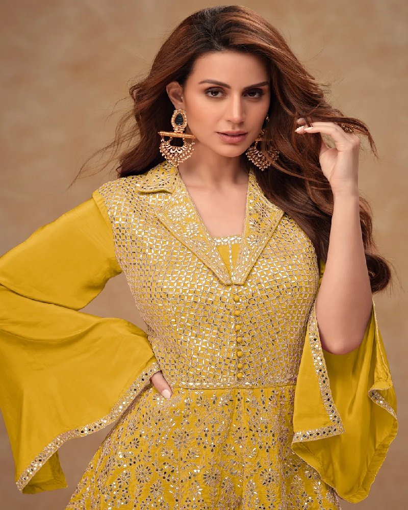Luxury Chinon Silk Peplum Embroidered Indo-Western Palazzo Suit - Image 2
