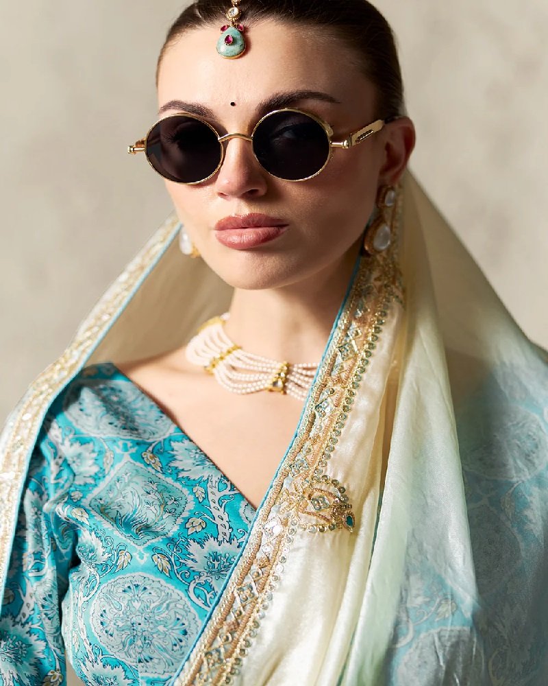 Aqua Blue Fancy Tissue Organza Party Wear Saree - Image 2